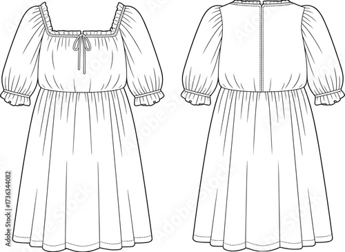 Puff sleeve dress flat sketch, midi dress cad drawing, fashion technical vector, women’s clothing template, garment flat design, sewing pattern, apparel illustration, fashion design