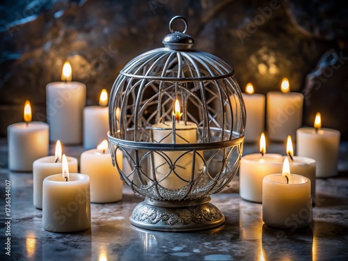 Holy Light Orb in Silver Cage, Dark Marble Pedestal, White Candles, Ethereal Ambiance