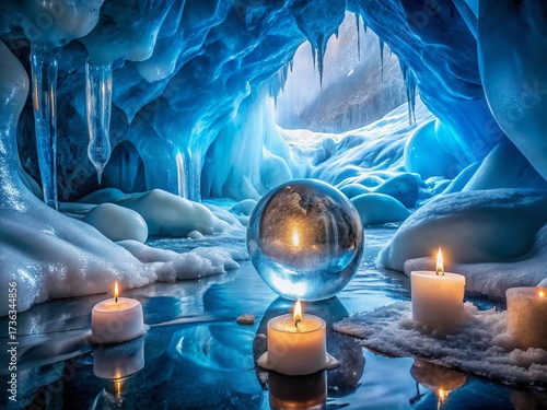 Melting Ice Sphere on Crystalline Altar in Blue Ice Cave with Candles