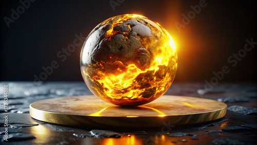 Molten Gold Sphere on Obsidian: Fiery Abstract Photography