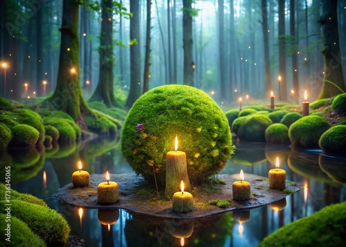 Mystical Swamp Altar: Mossy Sphere & Petrified Wood with Candles