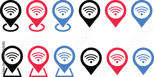  wifi icon with pointer icon set. Geolocation mark on the map. Map marker sign. Map pointer symbol
