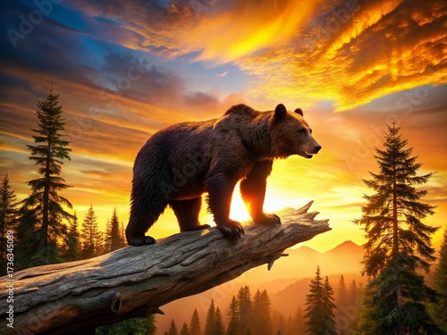 Redwood Grizzly: Silhouette of a powerful bear sculpted from a giant redwood root with obsidian claws.