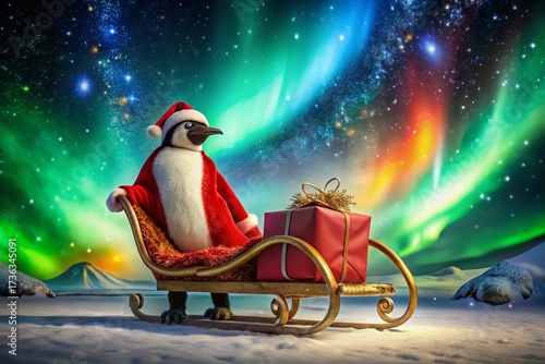 Regal Penguin Santa in Aurora Borealis Sleigh with Gifts