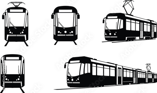Black and white vector illustration set of modern trams and light rail vehicles in multiple views, urban transport design collection