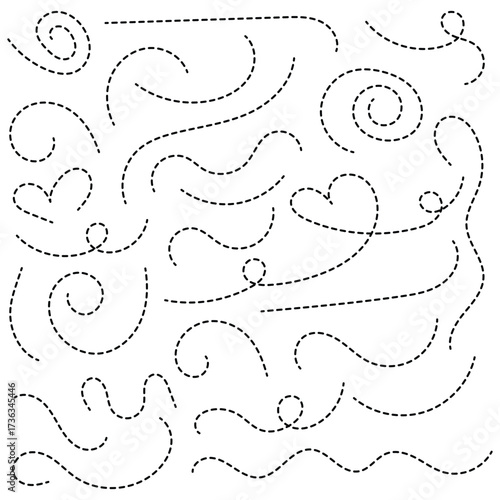 Hand drawn curve dotted line vector set. Path travel dotted line trip dashed trace destination track plan and silhouette, travelling symbol . Transport dot paths lines traces tourism design. 