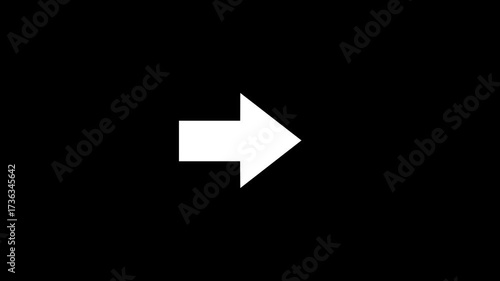 Abstract directional arrow bouncing white color rightward against a stark three dimensional swipe slide right animation on a black background.