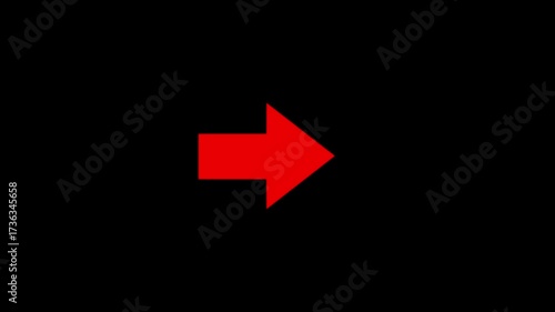 Abstract directional arrow bouncing red color rightward against a stark three dimensional swipe slide right animation on a black background.