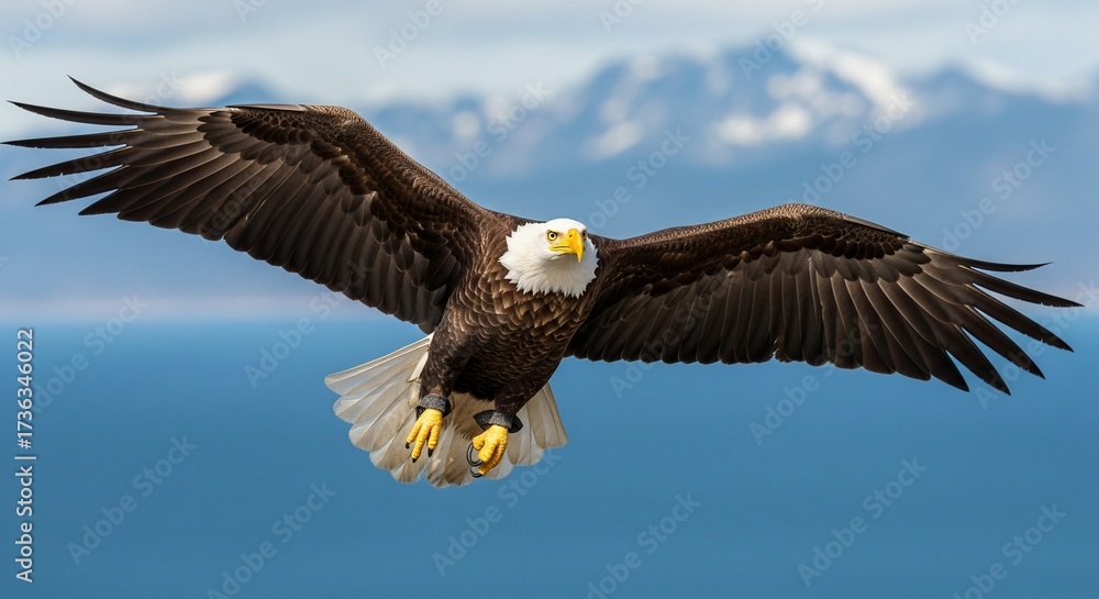 Naklejka premium Majestic bald eagle soaring over a calm blue ocean
