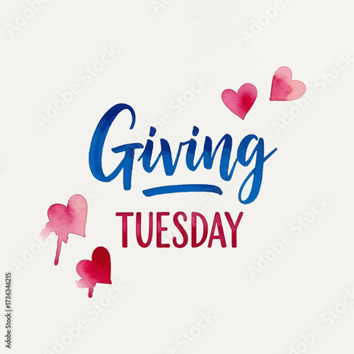 Day of generosity concept with blue script typography and red watercolor hearts on a white background