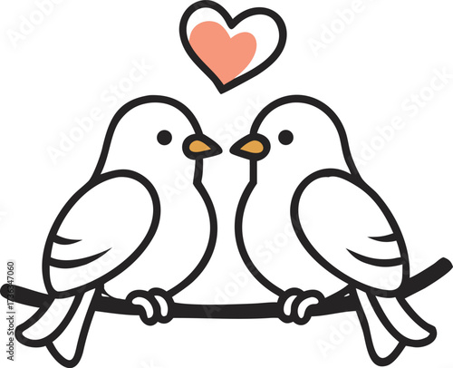 Romantic birds with heart outline icon, Minimalist lovebird couple illustration