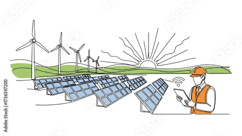 Continuous One Line Drawing of Engineer with Tablet, Solar Farm and Wind Turbines – Minimalist Line Art of Renewable Energy and Sustainable Future