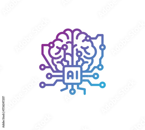 n: A modern line-art icon with a blue and purple gradient, illustrating an Artificial Intelligence concept: a human brain connected to a microchip (labeled "AI") surrounded by circuitry.