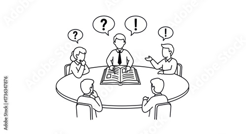 Business Meeting with Open Book and Question-Exclamation Marks.