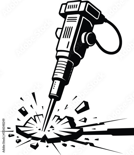 Jackhammer Breaking Concrete Silhouette, Powerful Construction Tool Illustration.