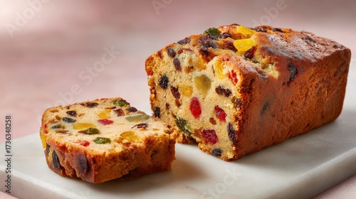 Freshly baked fruit cake with dried fruits and nuts on marble surface
