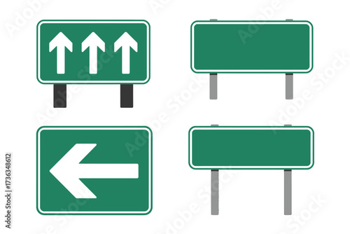 Green Road Signs Set Representing Highway Directions and Route Guidance Information for Drivers and Travelers