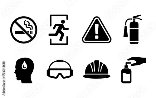 Safety icons set showcasing essential workplace precautions emergency procedures and protective equipment in a clean and modern design