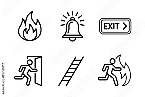 Emergency evacuation safety icons vector set including fire alarm exit signs ladder and running figures ideal for emergency preparedness and safety protocols