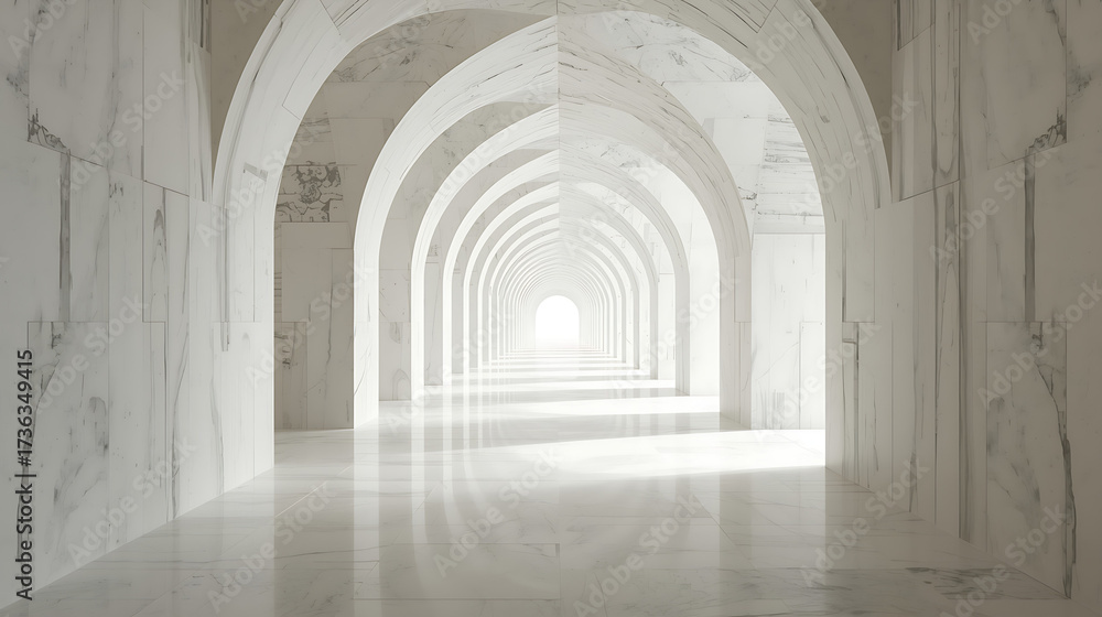 Fototapeta premium A tranquil, surreal corridor characterized by white marble arches and soft natural lighting.