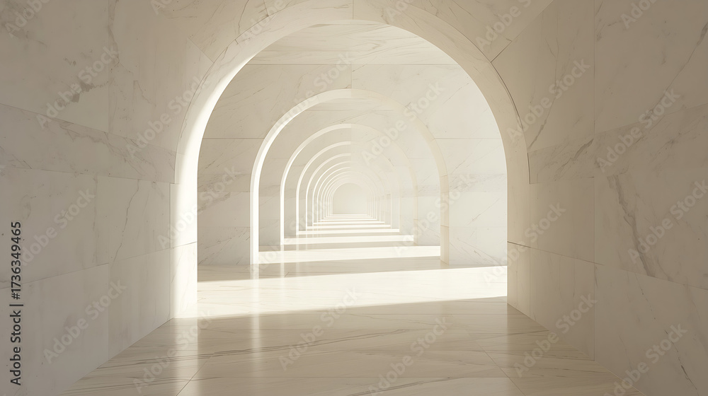 Fototapeta premium A tranquil, surreal corridor characterized by white marble arches and soft natural lighting.