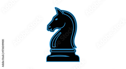 Black Chess Knight Piece with Blue Neon Outline.