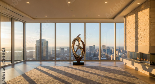 Architectural digest style living room with floor-to-ceiling windows, empty and staged with a single sculpture, bright sunlight, modern luxury real estate