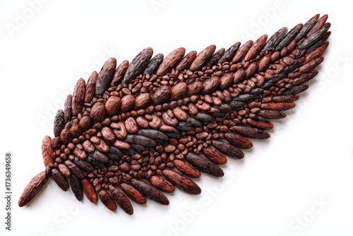 Beans create a beautiful Native American feather design on a white background