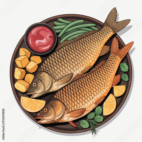 Freshwater fish on a wooden board, an isolated vector illustration of a carp, ready as healthy seafood