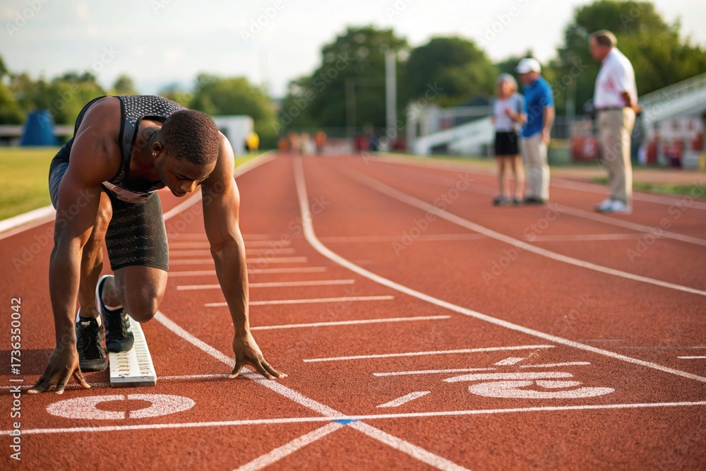 Fototapeta premium A sprinter in starting position on a red track, focused and ready to launch into motion. Wearing red and black sportswear, the athlete is captured in a moment of intense concentration and power.