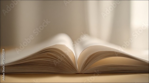 Open book with pages displaying natural light and soft focus in cozy setting