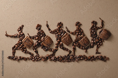 People dancing and drumming with beans arranged to form a vibrant tribal scene