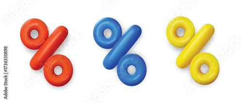 3d set signs percent discount yellow, blue, res glossy colors on isolated background. 3d render percentage icon cartoon Vector illustration.