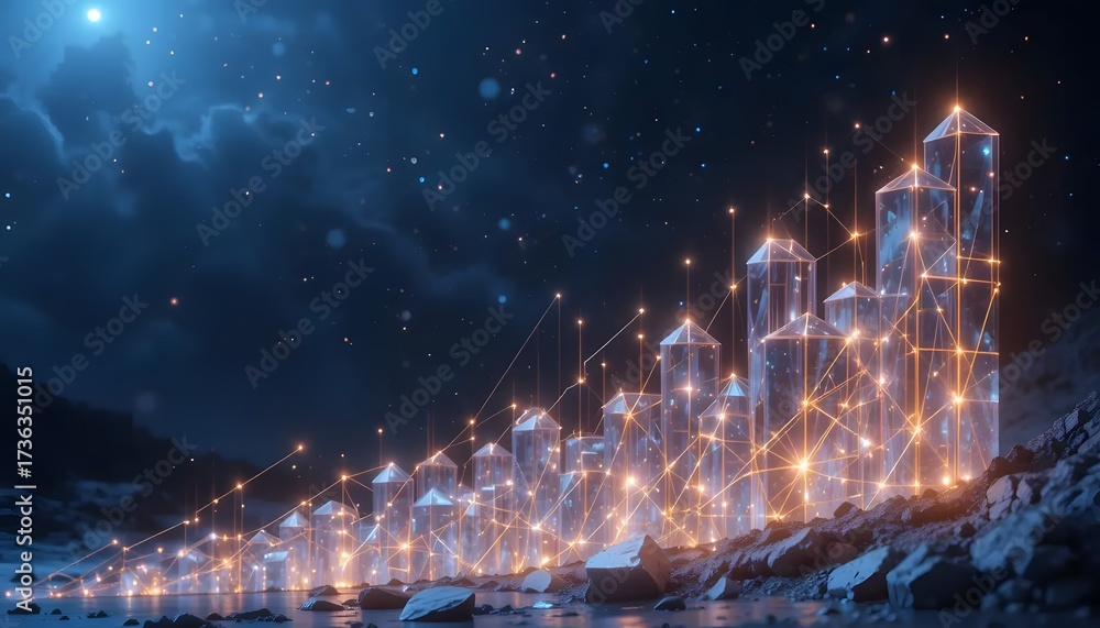 Fototapeta premium Futuristic city of glowing crystals on a rocky landscape at night, connected by lines