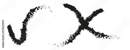 Hand Drawn Checkmark and Cross Mark, Grunge Brushstroke Vector Tick and X Symbols