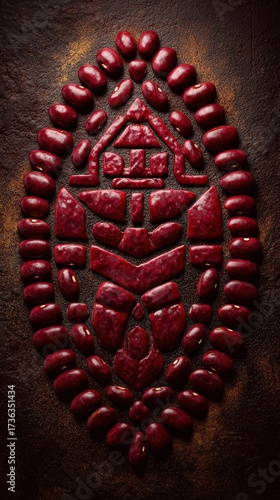Kidney beans shaped like an Aztec warrior on a textured brown background