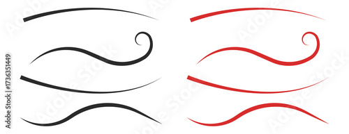 Elegant Wavy Lines and Swirl Calligraphy Elements, Hand Drawn Black and Red Vector Underline