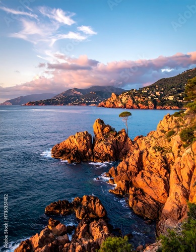 Coastal landscape at sunset with dramatic rocks
