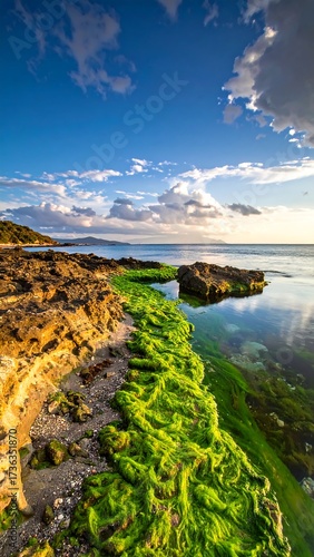 Coastal landscape at sunset with vibrant green seaweed