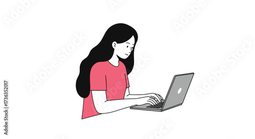 Young Woman Working on a Laptop, Online Learning, or Remote Work Illustration