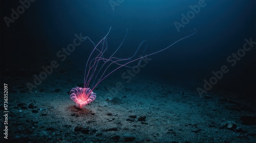 Luminous deep sea jellyfish in dark underwater environment glowing details