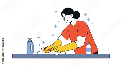 Woman Cleaning Surface with Yellow Gloves and Bottles