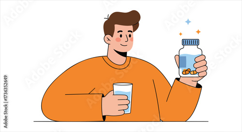 Man Holding Supplement Bottle and Water Glass