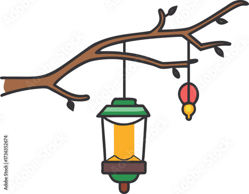 Illustration of a lantern hanging from a branch with a pendant lamp