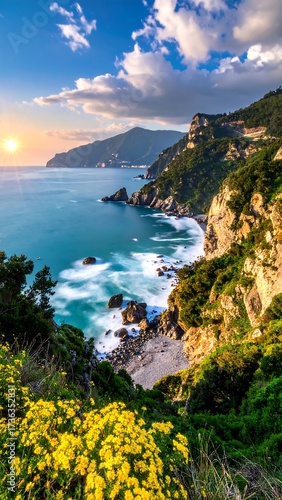 Coastal landscape at sunset