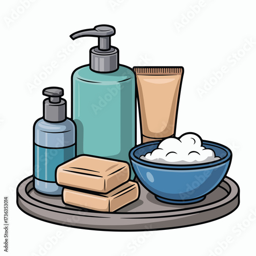 A set of white, isolated cosmetic and spa products with bottles of shampoo and lotion for body care and hygiene