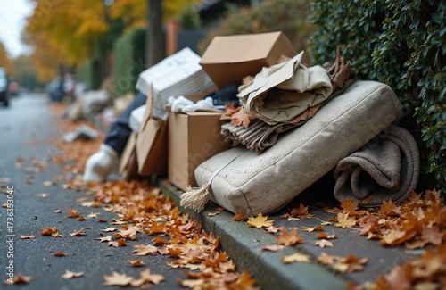 Bulky household trash lies on street side near curb. Autumn leaves fall around unwanted items. Furniture waste, boxes and junk piled outside for pickup. Residential trash removal service.