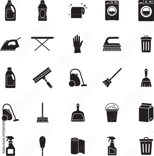 House Cleaning and Laundry Icons Silhouette Set