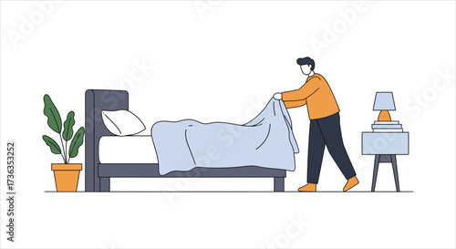 Man Making Bed Morning Routine Daily Task