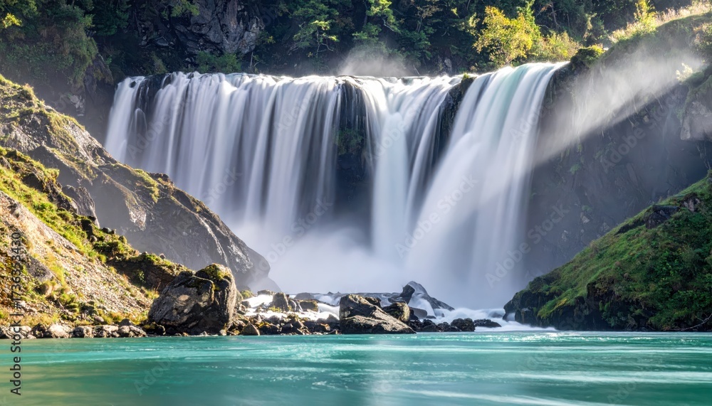 Naklejka premium Majestic waterfall cascades over rocky cliffs, creating a stunning display of natural beauty, as sunlight streams through the mist, illuminating the pristine turquoise water below, evoking feelings...